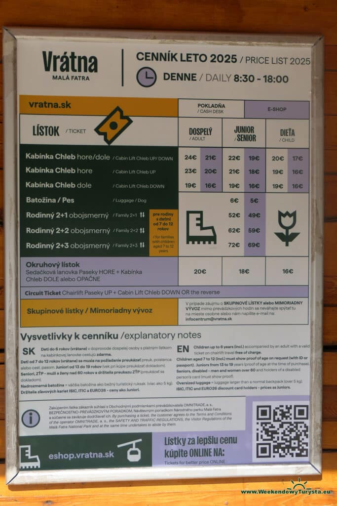 Ceny biletów 2025 na kolej gondolową na Chleb